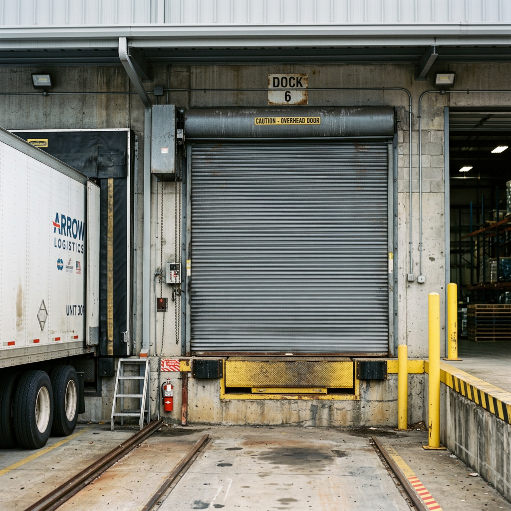 Industrial roll-up garage door at a warehouse