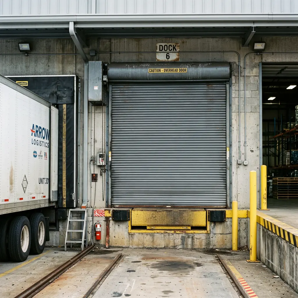 Industrial roll-up garage door at a warehouse