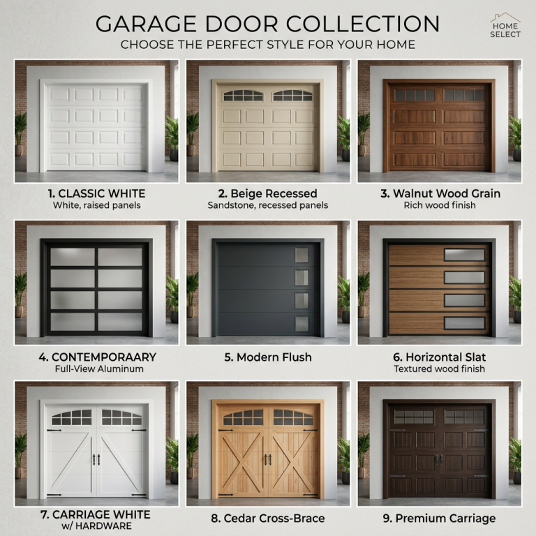 Various residential garage door styles for selection