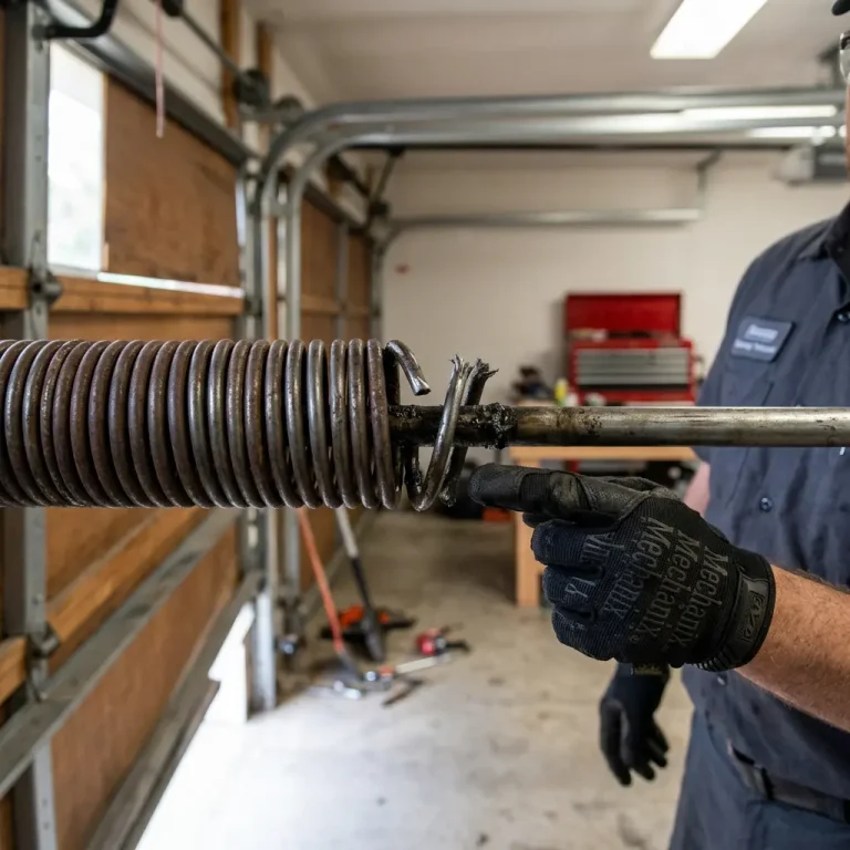 Broken garage door spring requiring professional repair