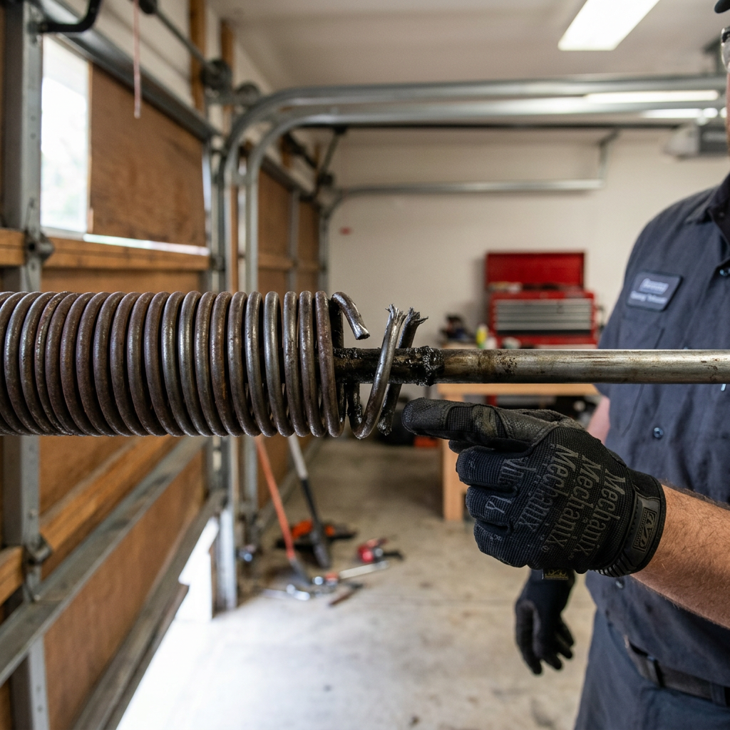 Broken garage door spring requiring professional repair