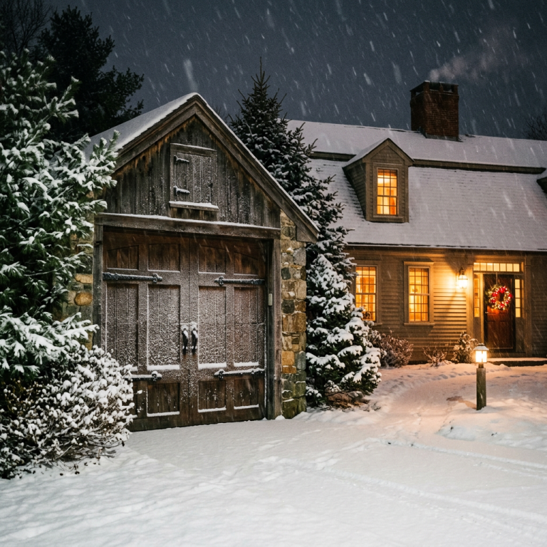 Residential garage door in a snowy winter setting
