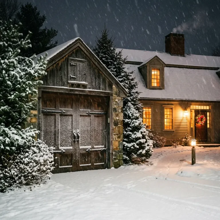 Residential garage door in a snowy winter setting