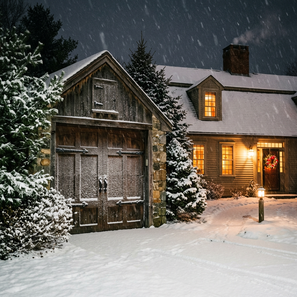 Residential garage door in a snowy winter setting